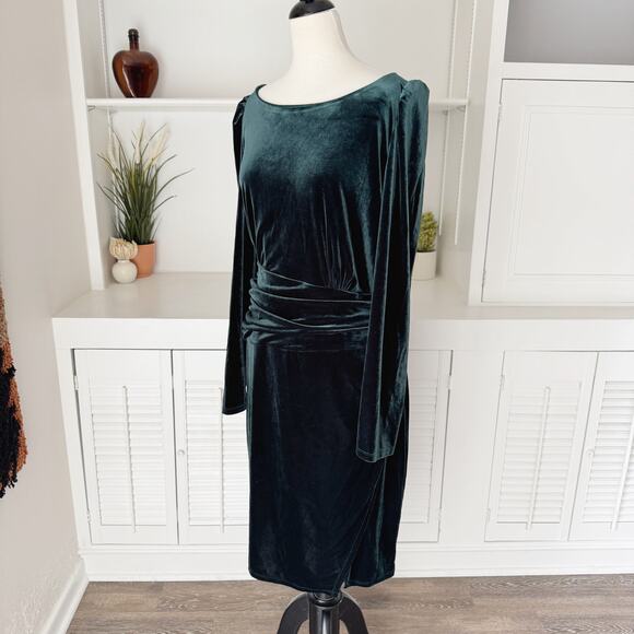 Ralph Lauren Dark Green Velvet Puff-Sleeve Ruched Cocktail Dress Size 16 - Picture 3 of 8